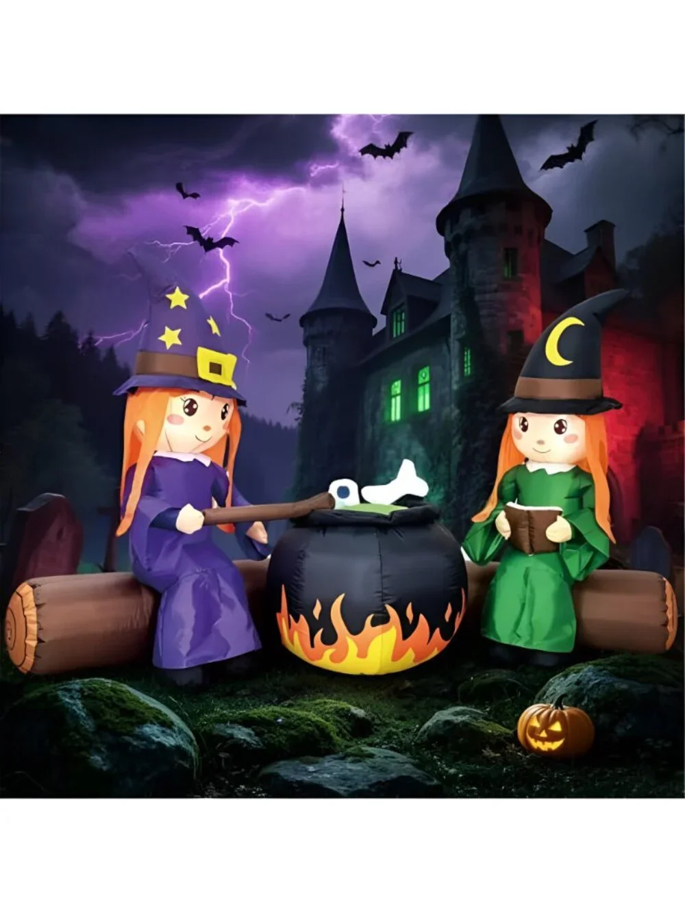 6FT Halloween Inflatable Blow Up Decorations, Cute Witches with Cauldron Over